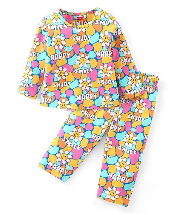 Babyhug Cotton Knit Full Sleeves Night Suit With Floral Smiley Print - Multicolor