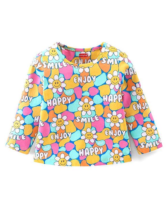 Babyhug Cotton Knit Full Sleeves Night Suit With Floral Smiley Print - Multicolor