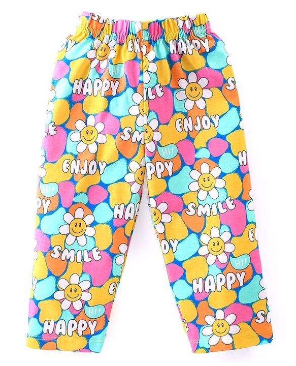 Babyhug Cotton Knit Full Sleeves Night Suit With Floral Smiley Print - Multicolor