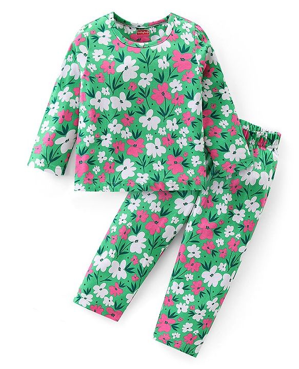 Babyhug Cotton Knit Full Sleeves Night Suit With Floral Print - Green