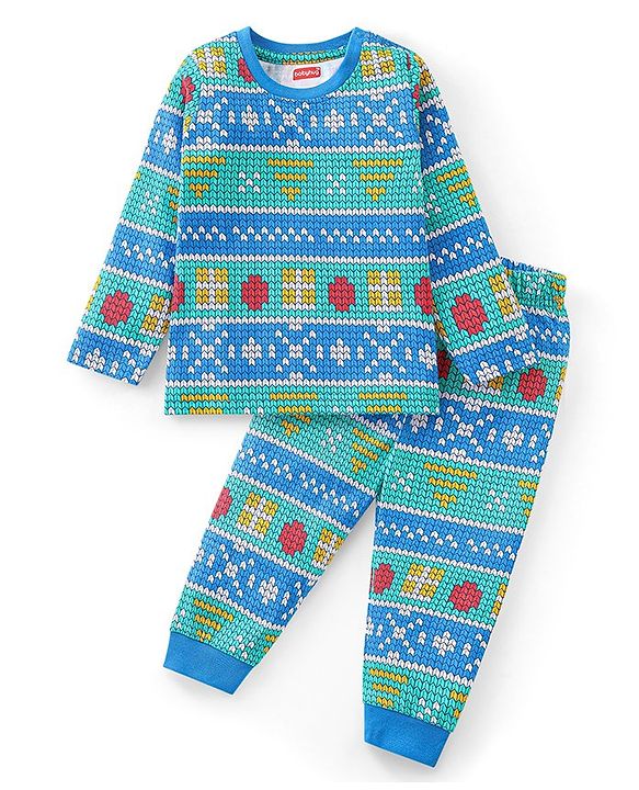 Babyhug Cotton Knit Full Sleeves Printed Night Suit - Blue