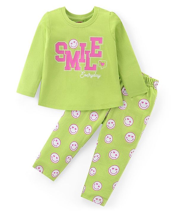 Babyhug Cotton Knit Full Sleeves Night Suit With Smiley Emoticons Print - Green