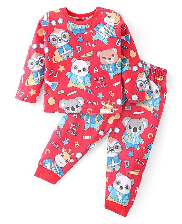 Babyhug Cotton Knit Full Sleeves Night Suit with Bear Print - Red