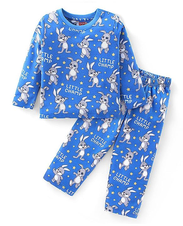 Babyhug Cotton Knit Full Sleeves Night Suit with Bunny Print - Blue
