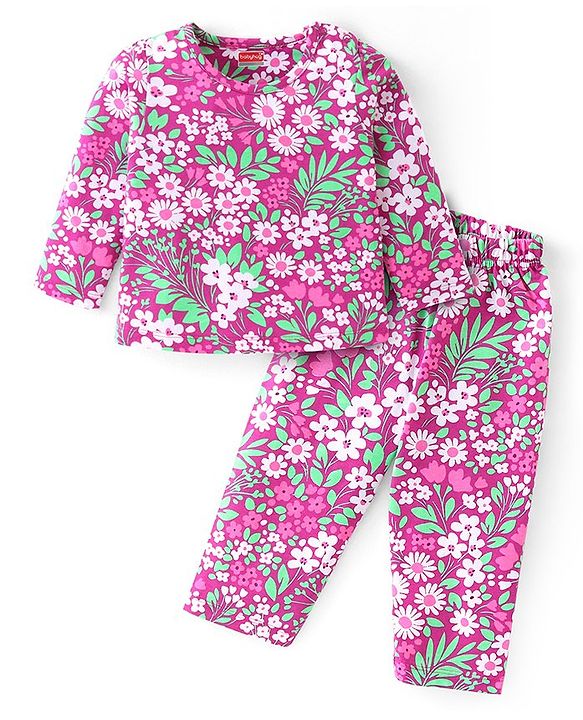 Babyhug Cotton Knit Full Sleeves Night Suit with Floral Print - Pink