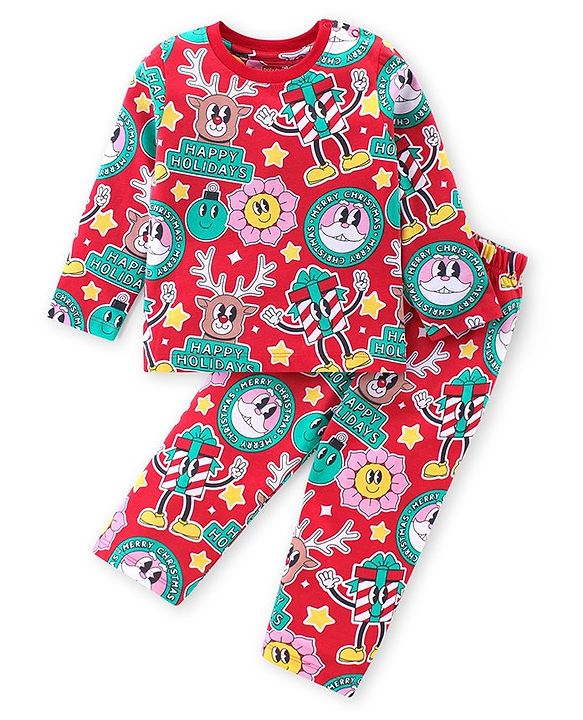Babyhug Cotton Knit Full Sleeves Night Suit With Christmas Theme -Red
