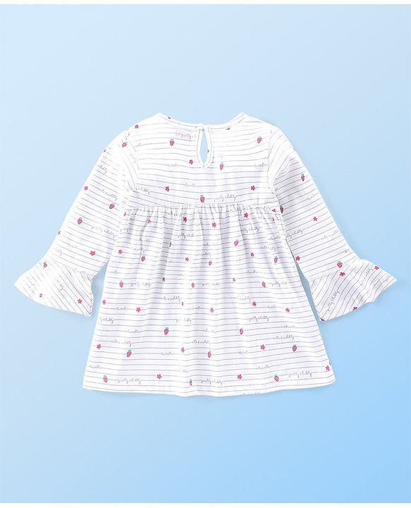 Babyhug Cotton Knit Full Sleeves Night Suit with Star Print & Bow Detailing - White & Pink