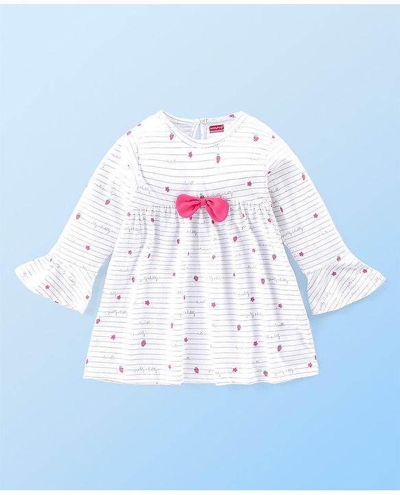 Babyhug Cotton Knit Full Sleeves Night Suit with Star Print & Bow Detailing - White & Pink