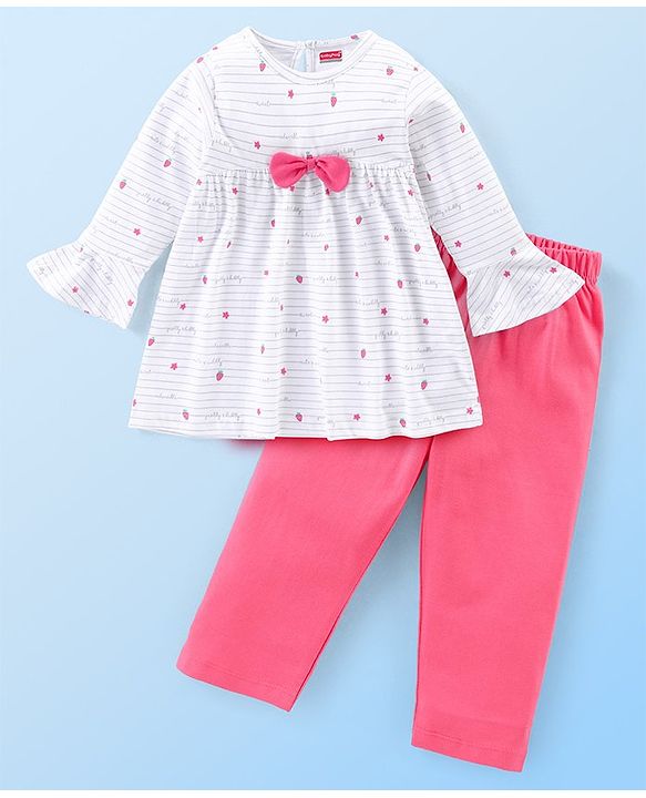 Babyhug Cotton Knit Full Sleeves Night Suit with Star Print & Bow Detailing - White & Pink