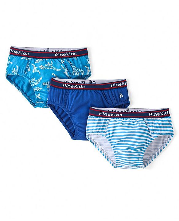 Pine Kids Cotton Spandex Knit Briefs With Stripes & Dino Print Pack of 3 (Color & Print May Vary)