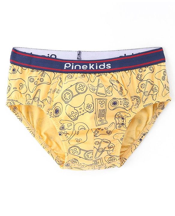 Pine Kids Cotton Knit Solid Colour & Printed Briefs Pack of 3 - Yellow Blue & Red
