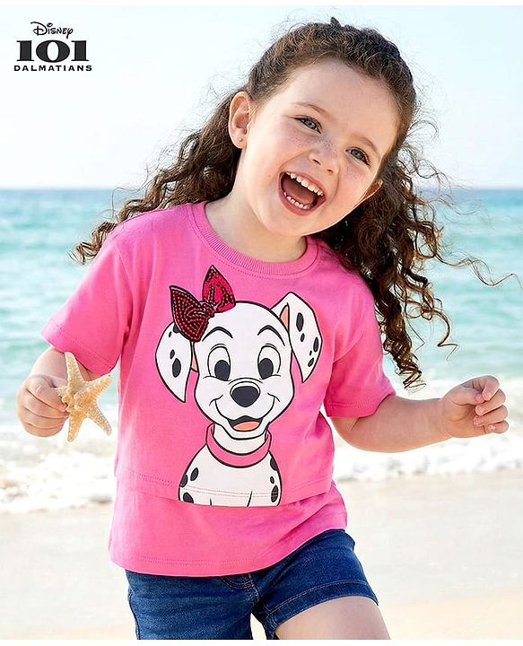 Babyhug Disney  Single Jersey Knit Overlaped Half Sleeves T-Shirt With 101 Dalmatians Graphic & Sequins Detailing - Dark Pink