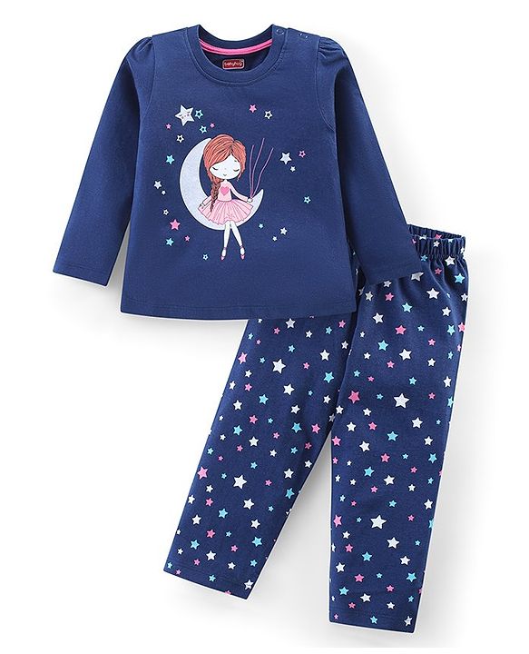 Babyhug Cotton Knit Full Sleeves Night Suit With Doll & Stars Print - Navy