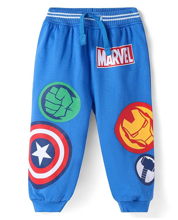 Babyhug Marvel Terry Knit Full Length Track Pant With Avengers Graphics - Blue