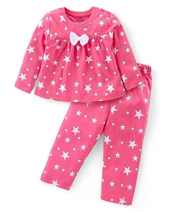 Babyhug Cotton Knit Full Sleeves Night Suit with Star Print & Bow Detailing - Pink