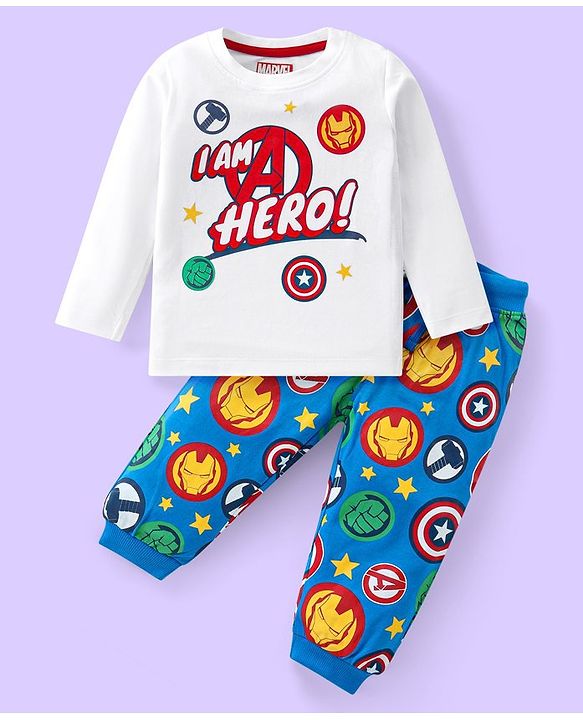 Babyhug Marvel Single Jersey Knit Full Sleeves Night Suit With Avengers Graphics - White & Blue