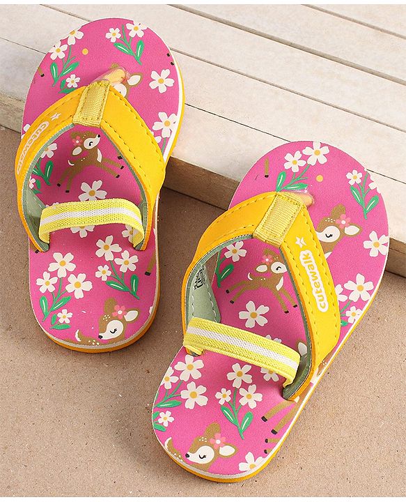 Cute Walk by Babyhug Floral Printed Flip Flops with Back Strap - Dark Pink