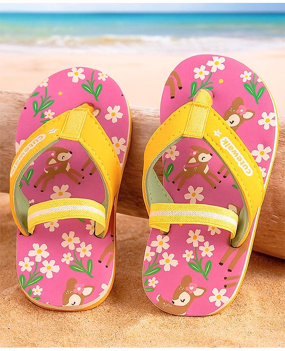 Cute Walk by Babyhug Floral Printed Flip Flops with Back Strap - Dark Pink