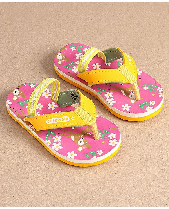Cute Walk by Babyhug Floral Printed Flip Flops with Back Strap - Dark Pink