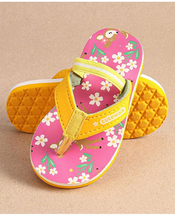 Cute Walk by Babyhug Floral Printed Flip Flops with Back Strap - Dark Pink