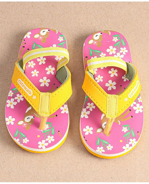 Cute Walk by Babyhug Floral Printed Flip Flops with Back Strap - Dark Pink