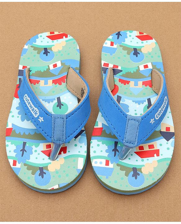 Cute Walk by Babyhug Flip Flops with Scenery Print - Blue