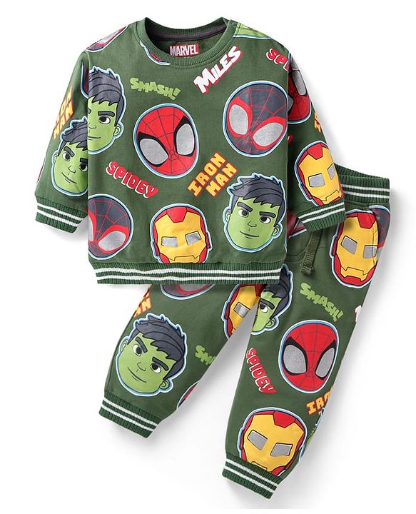 Babyhug Marvel Terry Knit Full Sleeves T-Shirt & Lounge Pant Set With Spidey & Friends Graphics - Green