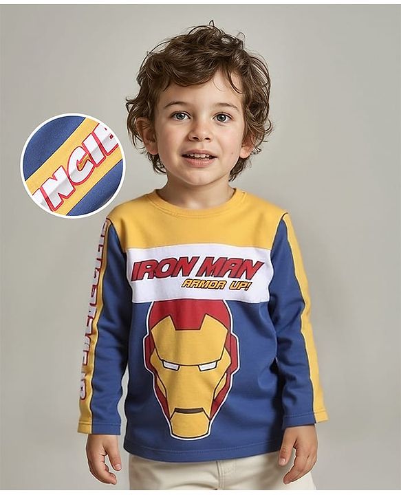 Babyhug Marvel Single Jersey Knit Full Sleeves T-Shirt with Iron Man Print - Blue & Yellow