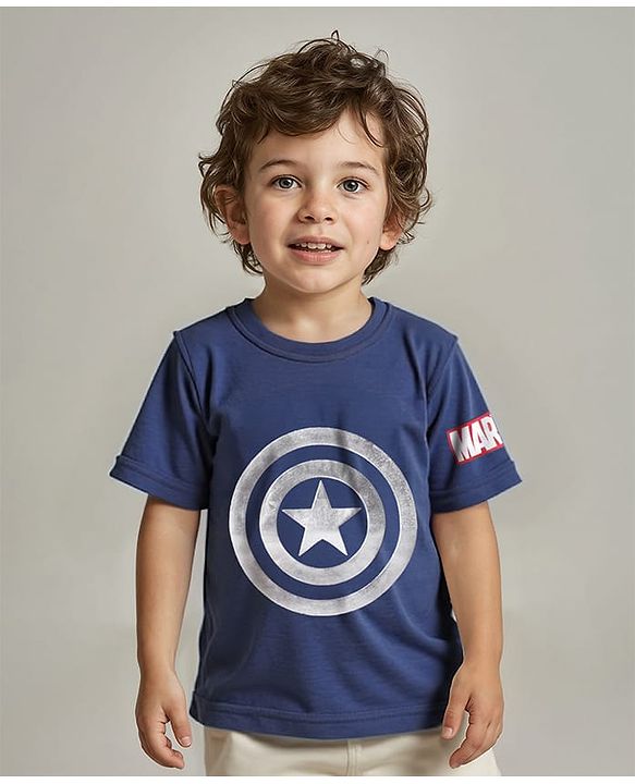 Babyhug Marvel Single Jersey Knit Half  Sleeves T-Shirt with Captain America Print - Blue