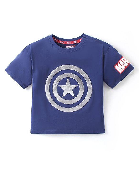 Babyhug Marvel Single Jersey Knit Half  Sleeves T-Shirt with Captain America Print - Blue