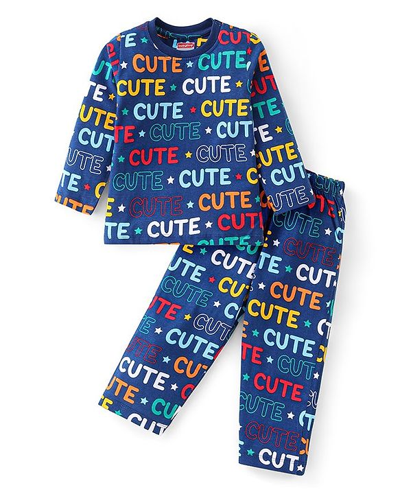 Babyhug Cotton Knit Full Sleeves Night Suit with Text Print - Navy Blue