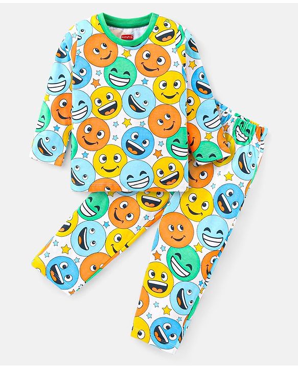 Babyhug Cotton Knit Full Sleeves Night Suit With Smiley Print - Multicolor