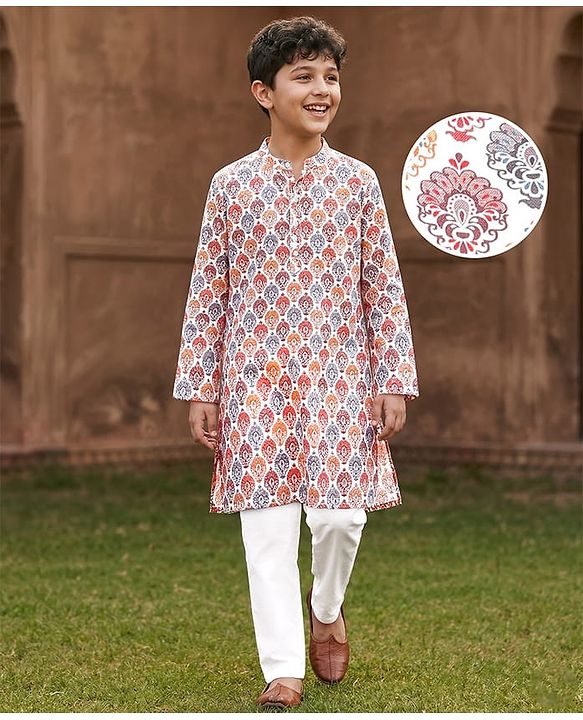 Pine Kids Woven Full Sleeves Kurta Pyjama Set With Mandala Print -White