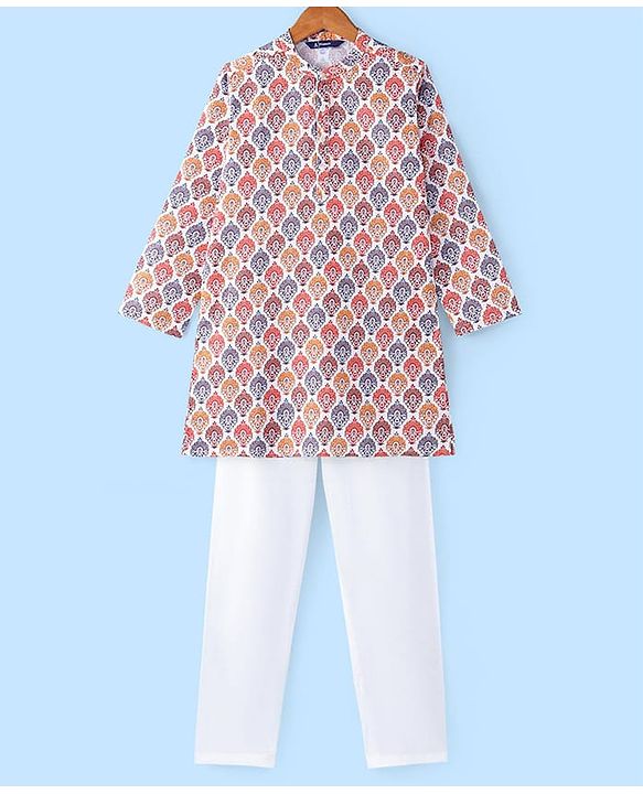 Pine Kids Woven Full Sleeves Kurta Pyjama Set With Mandala Print -White