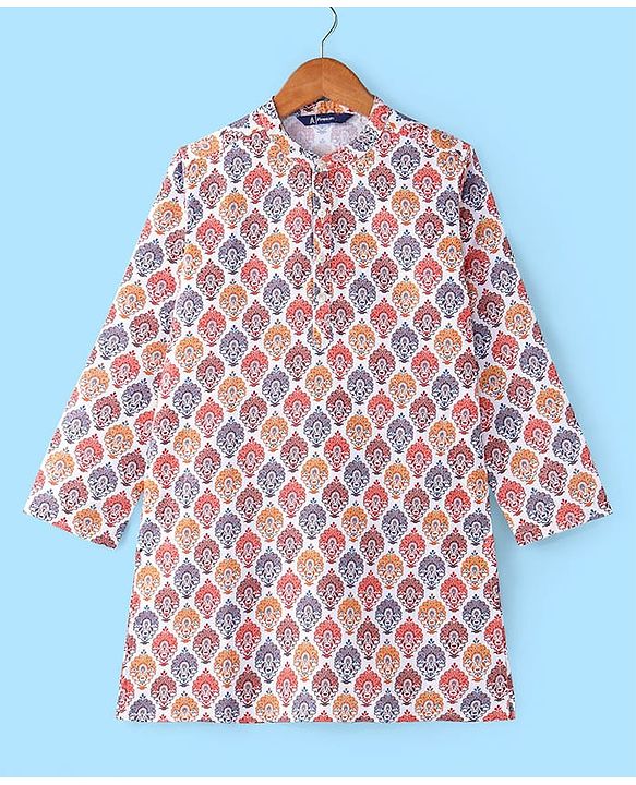 Pine Kids Woven Full Sleeves Kurta Pyjama Set With Mandala Print -White