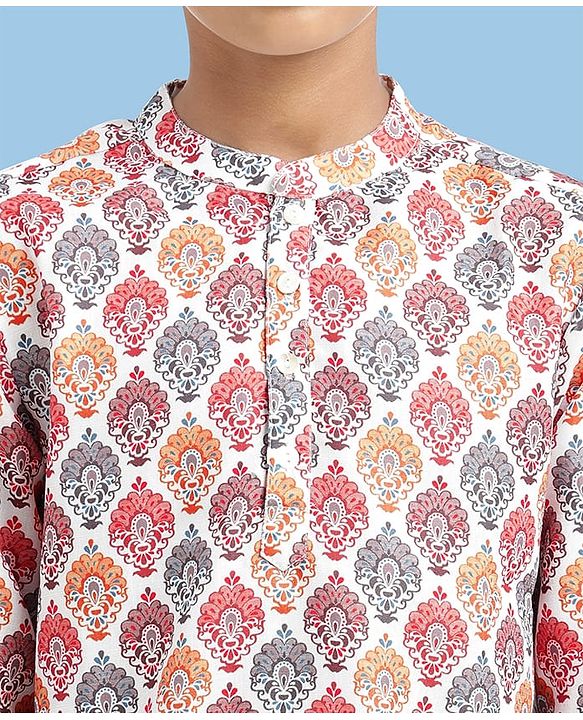 Pine Kids Woven Full Sleeves Kurta Pyjama Set With Mandala Print -White