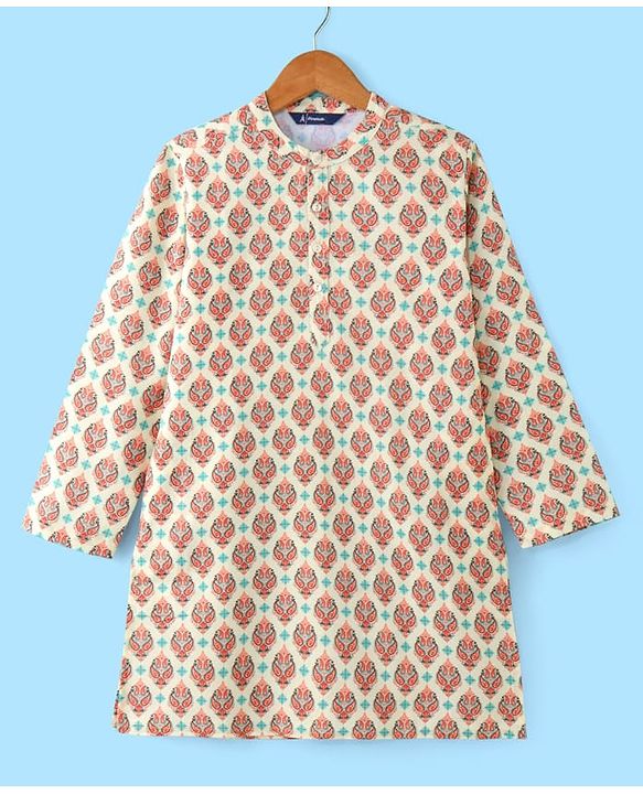Pine Kids Woven Full Sleeves Kurta Pyjama Set With Mandala Print -White