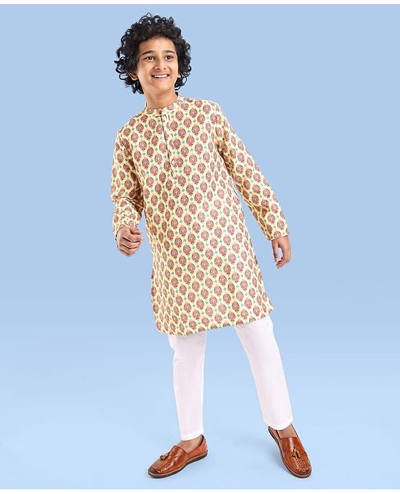 Pine Kids Woven Full Sleeves Kurta Pyjama Set With Mandala Print -White