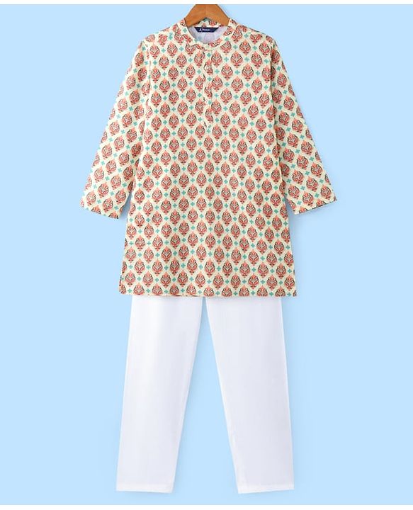Pine Kids Woven Full Sleeves Kurta Pyjama Set With Mandala Print -White