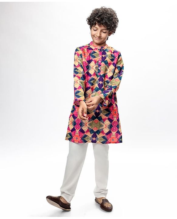 Pine Kids Woven Full Sleeves Kurta Pyjama Set With Abstract Print -Multicolor
