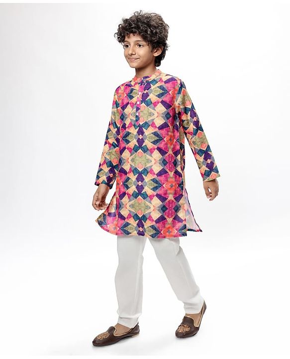 Pine Kids Woven Full Sleeves Kurta Pyjama Set With Abstract Print -Multicolor