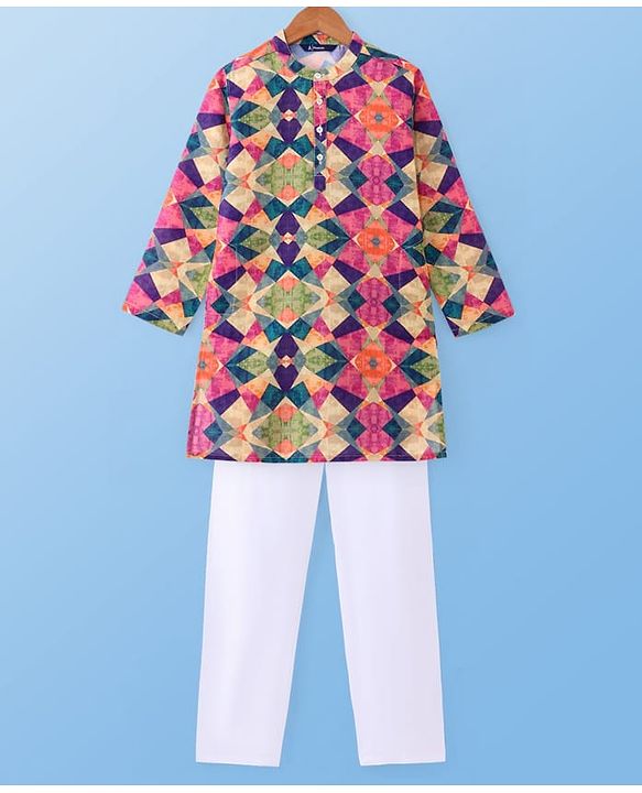 Pine Kids Woven Full Sleeves Kurta Pyjama Set With Abstract Print -Multicolor