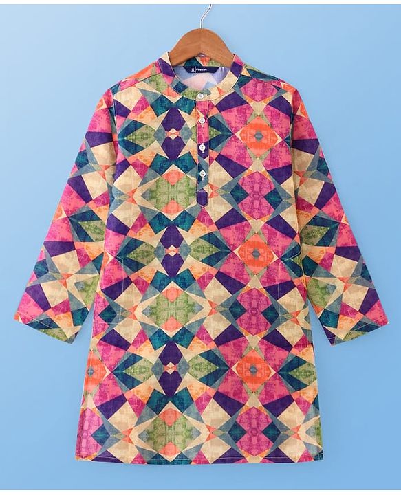 Pine Kids Woven Full Sleeves Kurta Pyjama Set With Abstract Print -Multicolor