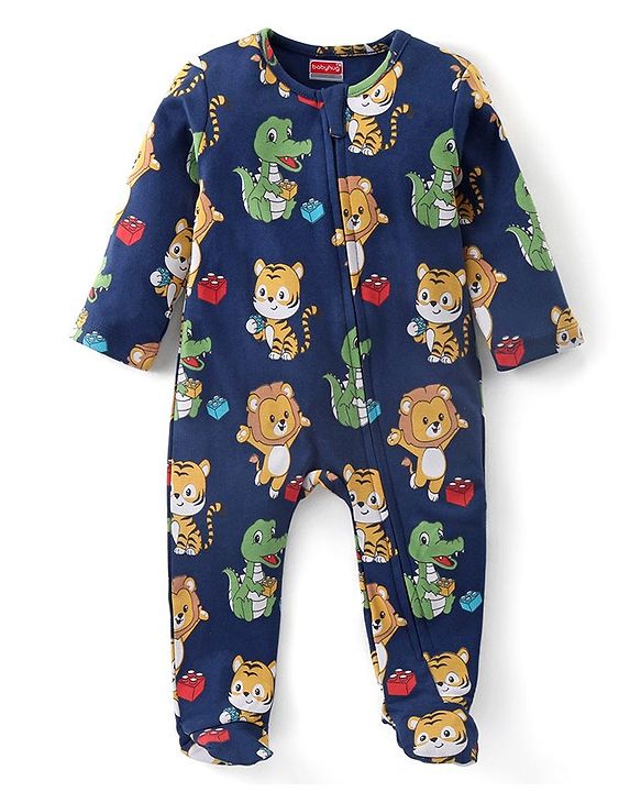 Babyhug Cotton Full Sleeves Front Open Sleepsuit With Animals Print - Multicolor