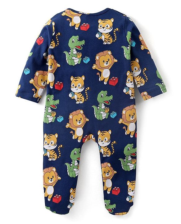 Babyhug Cotton Full Sleeves Front Open Sleepsuit With Animals Print - Multicolor