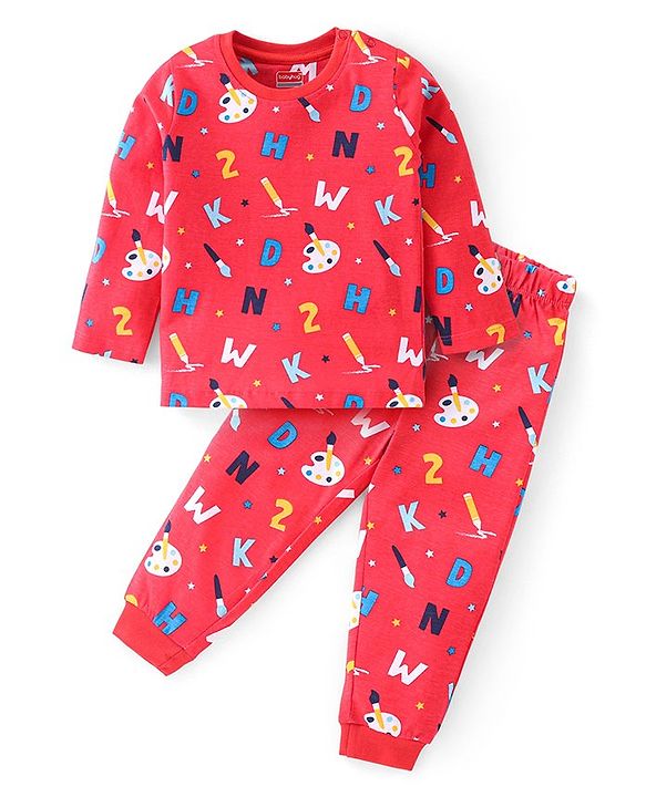 Babyhug Cotton Knit Full Sleeves Night Suit With Alphabets & Numbers Print - Red