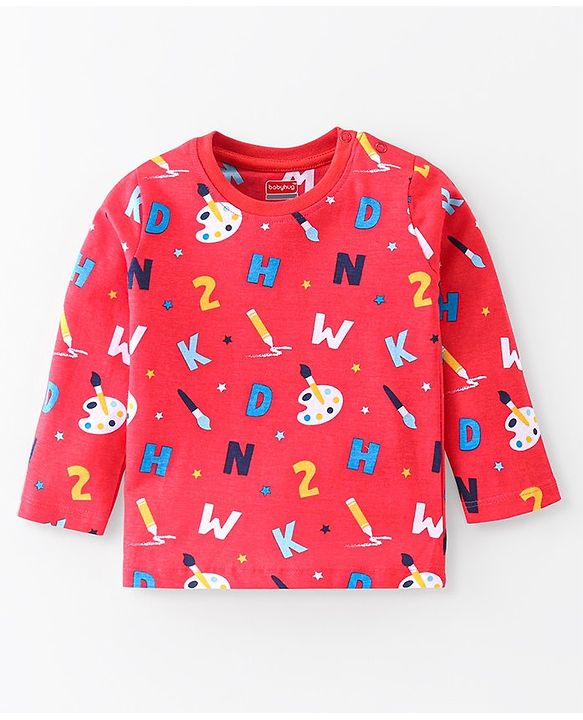 Babyhug Cotton Knit Full Sleeves Night Suit With Alphabets & Numbers Print - Red