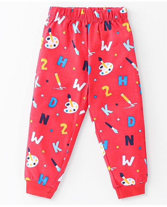 Babyhug Cotton Knit Full Sleeves Night Suit With Alphabets & Numbers Print - Red