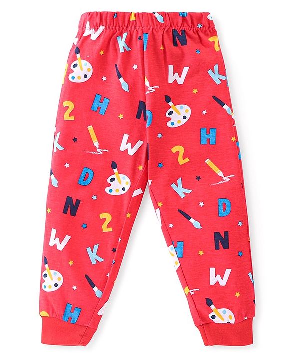 Babyhug Cotton Knit Full Sleeves Night Suit With Alphabets & Numbers Print - Red