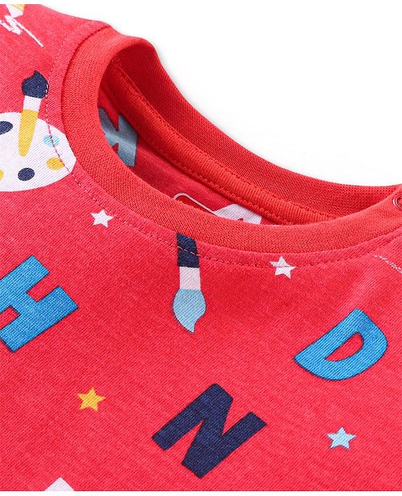 Babyhug Cotton Knit Full Sleeves Night Suit With Alphabets & Numbers Print - Red